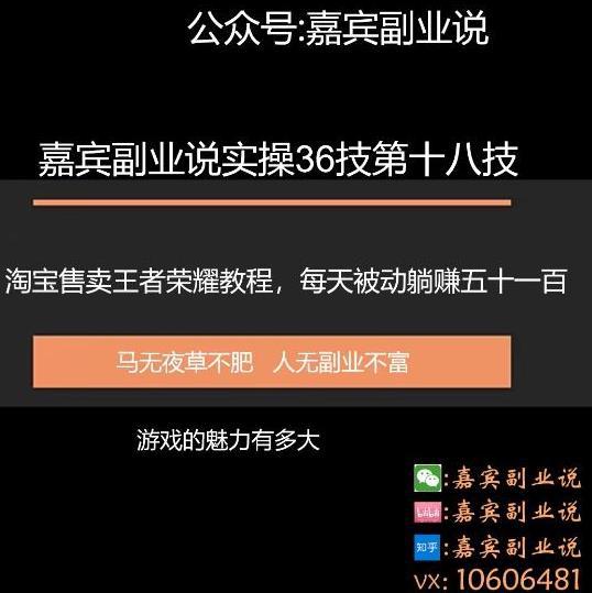 嘉宾副业说实操36技第十八技：淘宝售卖王者荣耀教程，每天躺赚五十和一百-猎天资源库