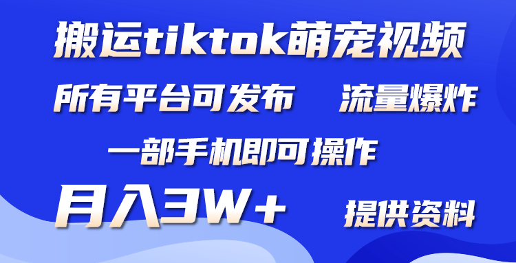 只搬运Tiktok萌宠类视频，1部手机即可。适合所有短视频平台均，月入3W+-猎天资源库